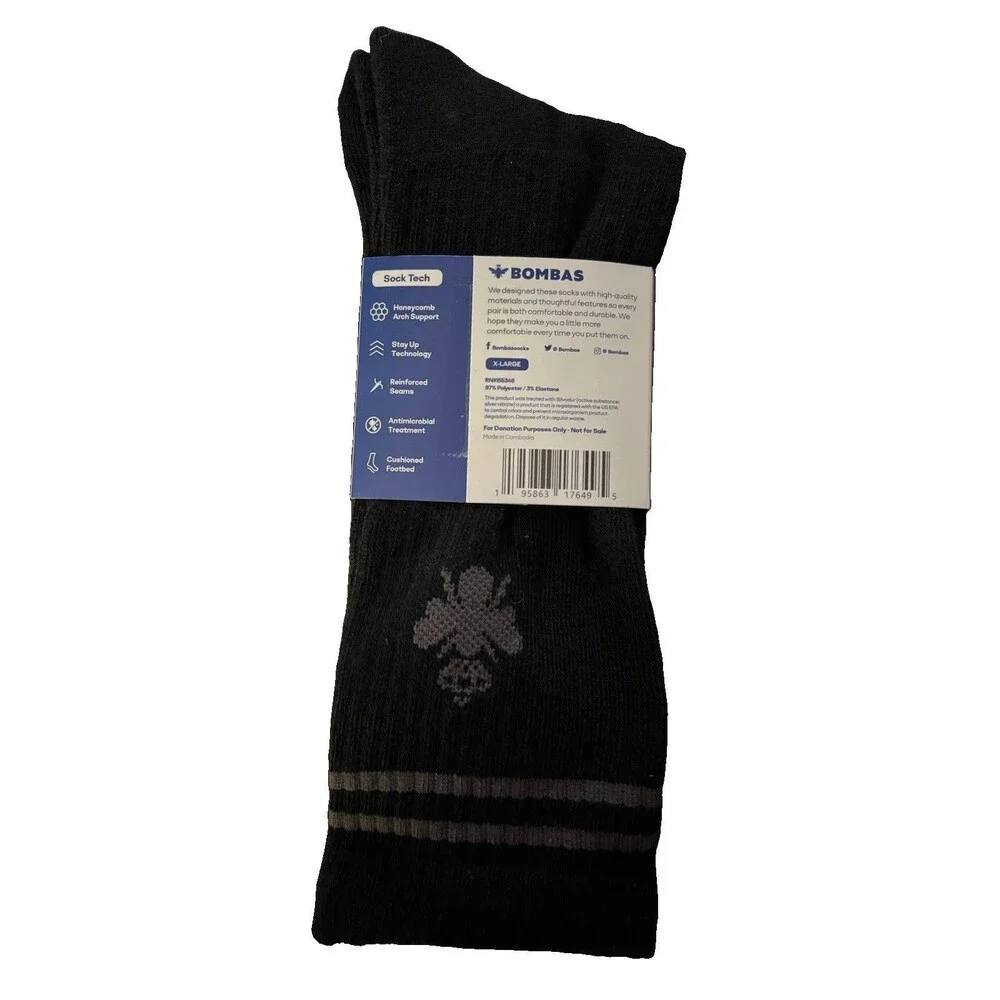 NEW Bombas Crew Socks Men Size XL Black Calf Honeycomb Arch Support